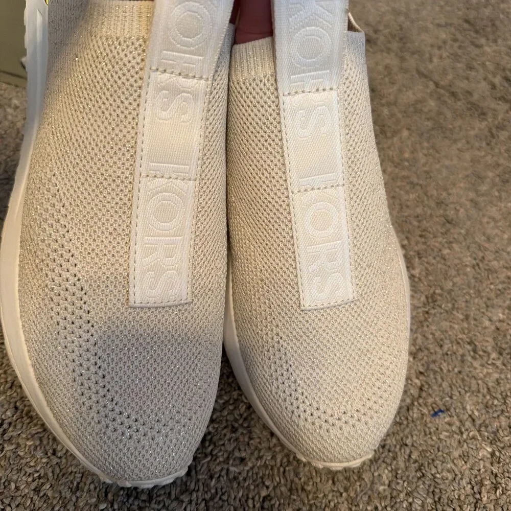 Michael Kors Bodie Slip On Sneakers MET SF Stretch Knit Cream Sz 7 M Gold Accent